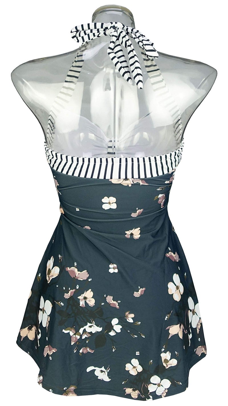 COCOSHIP Black White Striped & Bloom Floral Sailor Swimsuit Retro One Piece Skirtini Cover Up Bathing Suit Swimdress XXL(US14) - Image 3